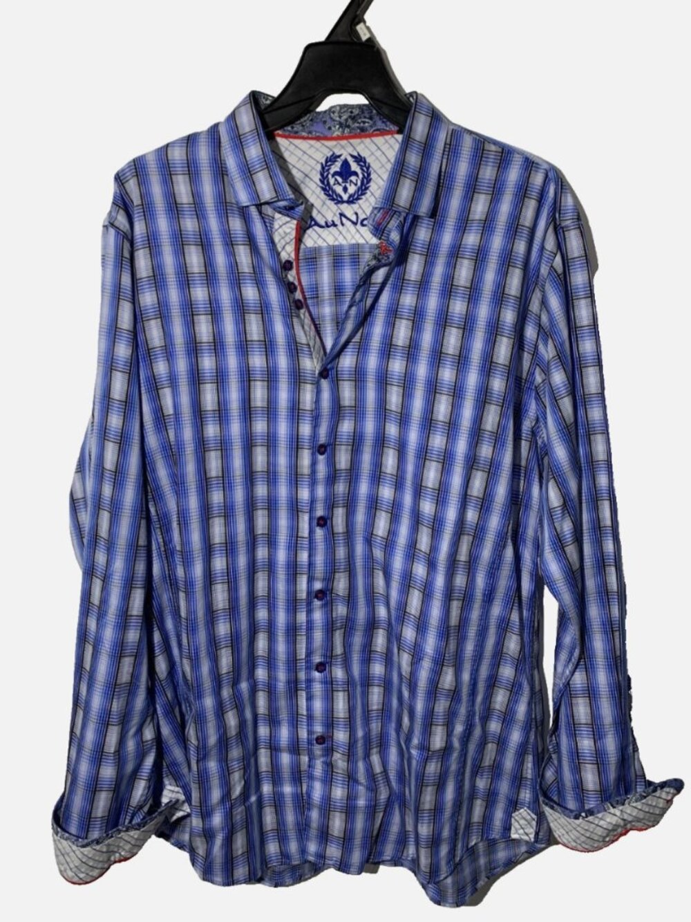 Au Noir Mens Dress Shirt Large Blue Plaid Long Sleeve Button Up Trim Paisley XL